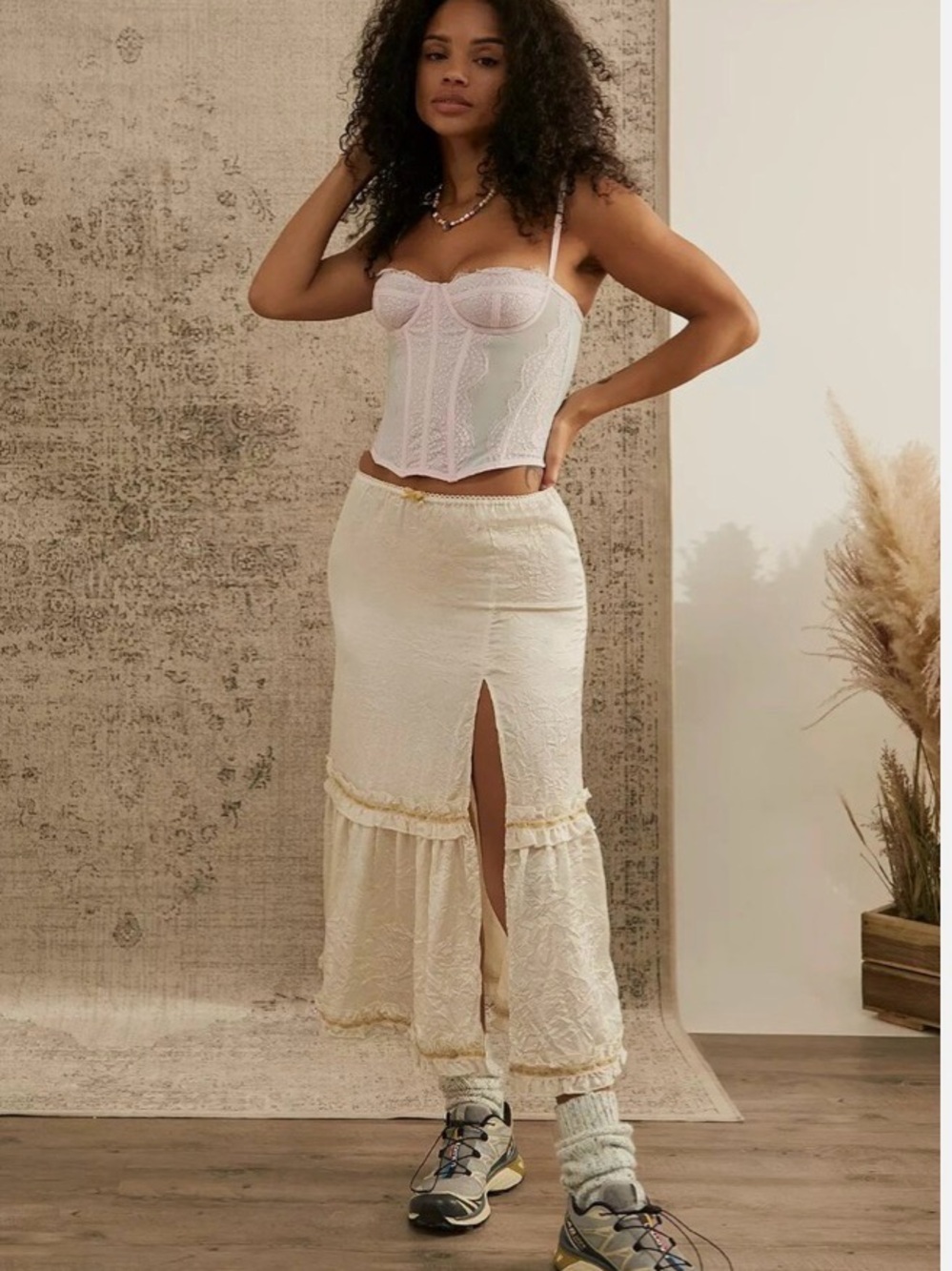 Urban Outfitters cream crinkle satin slit slip